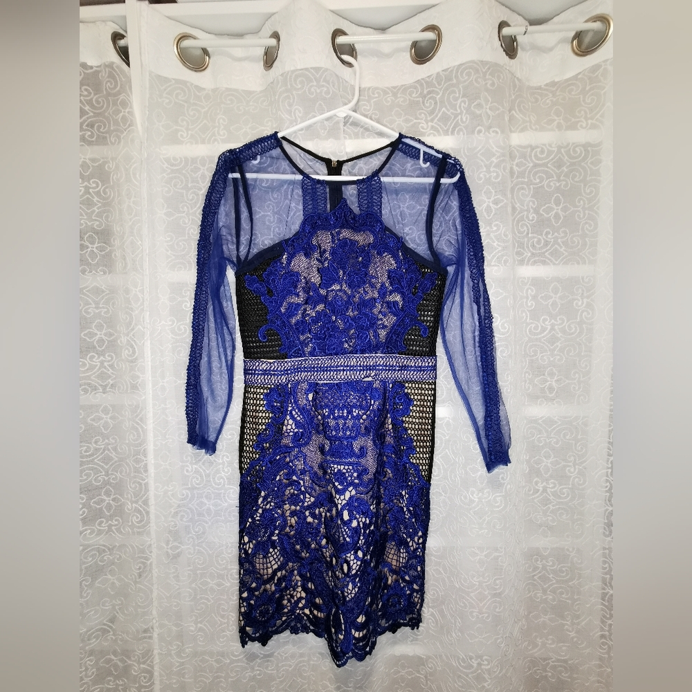Floral Lace Dress in Cobalt Blue/Black/Nude